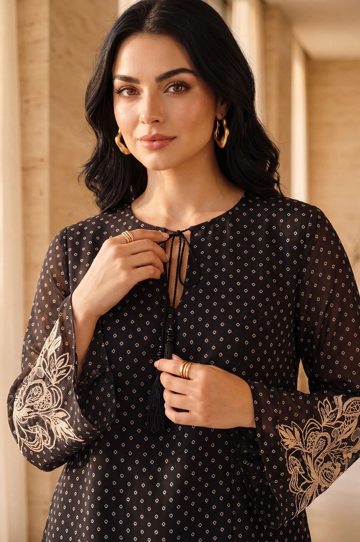 Black Geometric Printed Embroidered Organza Straight Top