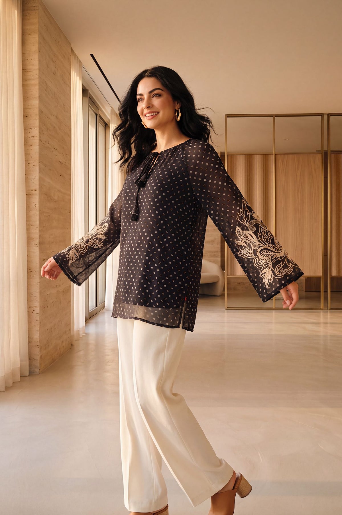 Black Geometric Printed Embroidered Organza Straight Top