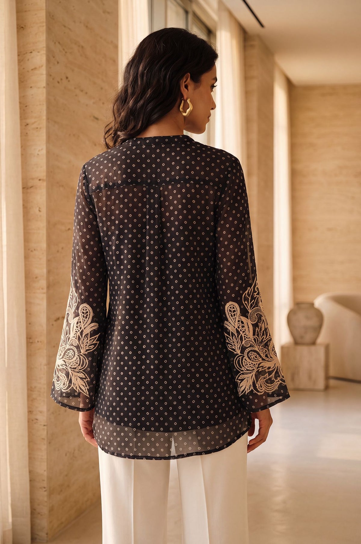 Black Geometric Printed Embroidered Organza Straight Top