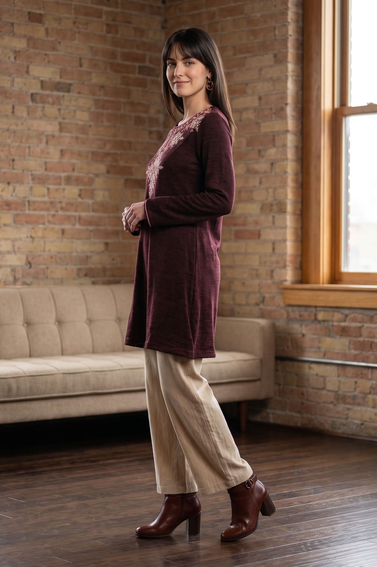Maroon Embroidered Acrylic Straight Winter Top