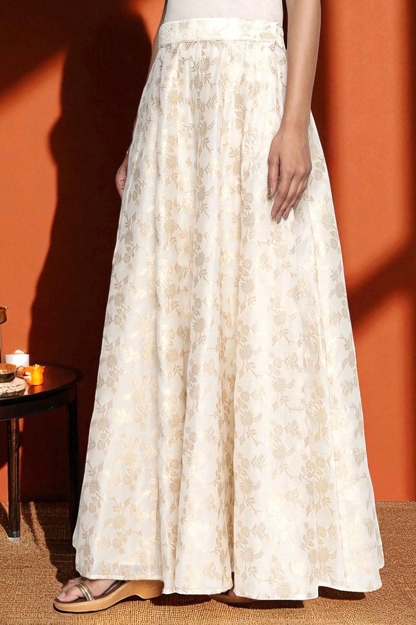 Cream Yarn Dyed Printed Jacquard BD Skirt