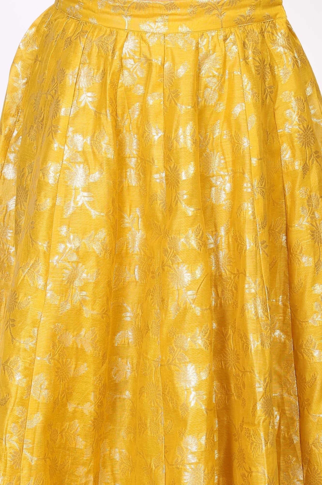 Yellow Floral Thread Work Flared Jacquard Skirt