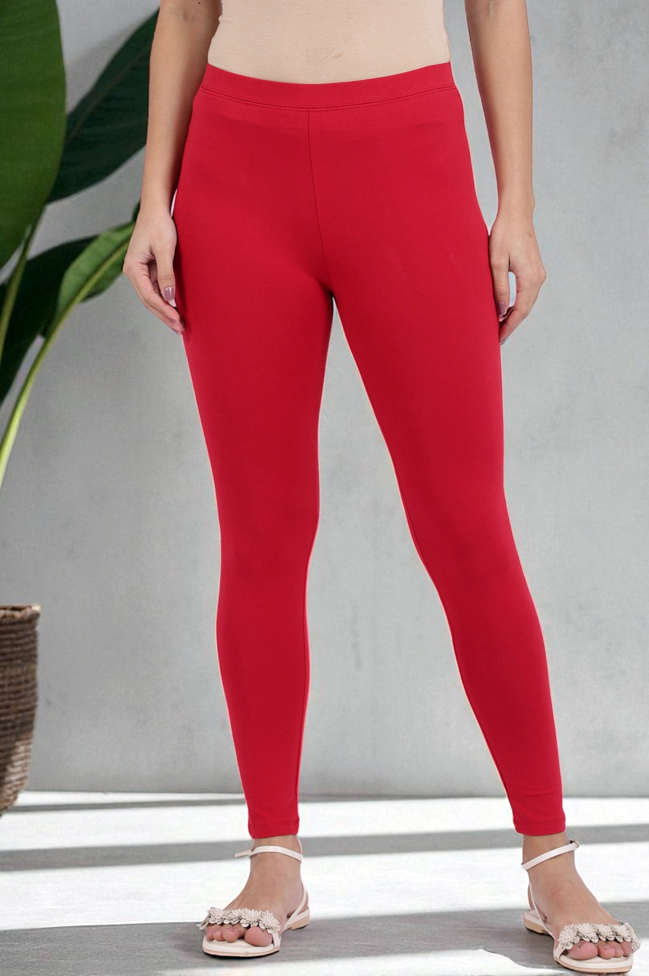 Red Solid Cotton Lycra Tights