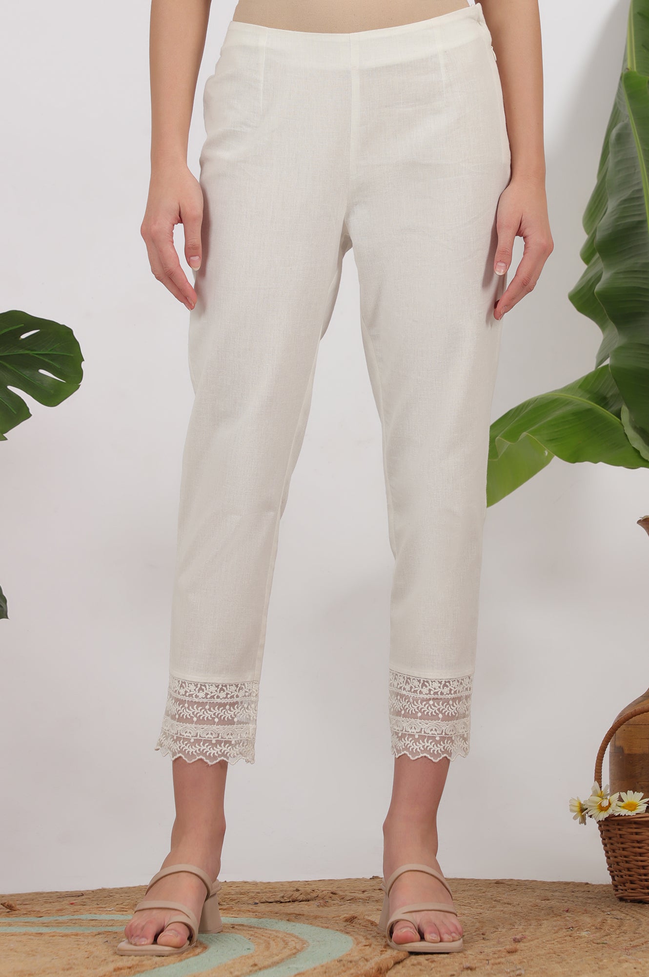 White Solid Cotton Flax Slim Pants with Lace
