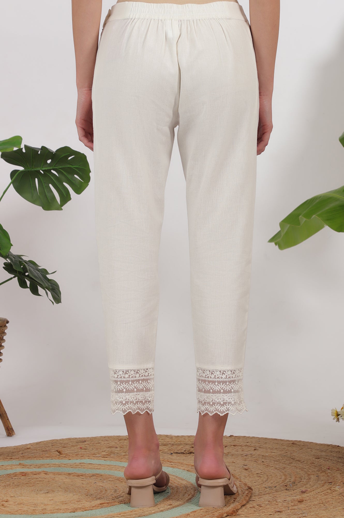White Solid Cotton Flax Slim Pants with Lace