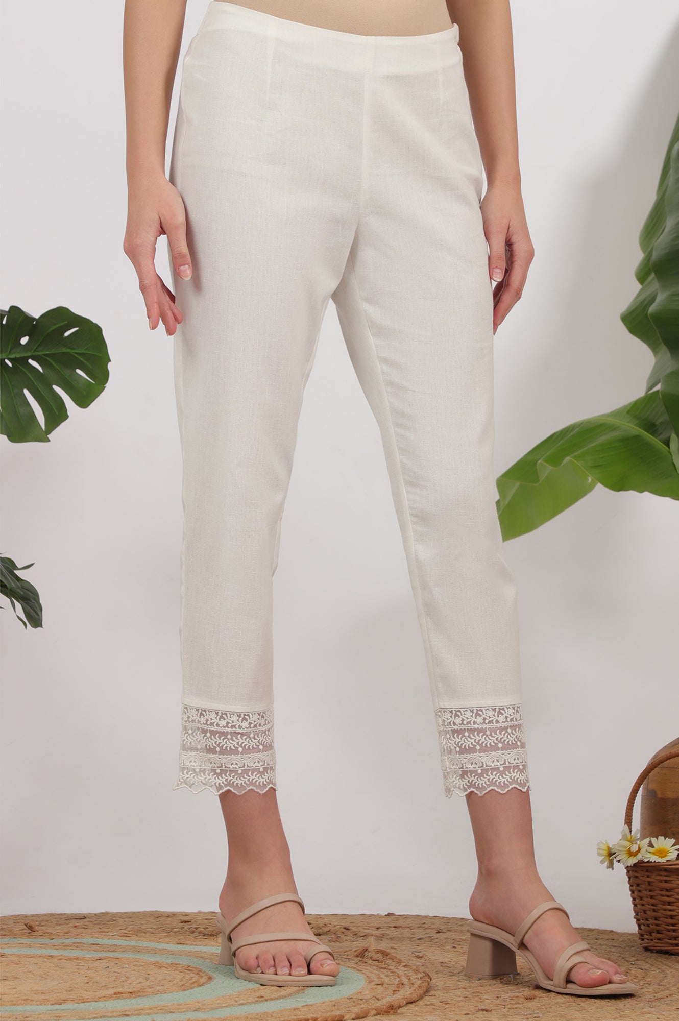 White Solid Cotton Flax Slim Pants with Lace