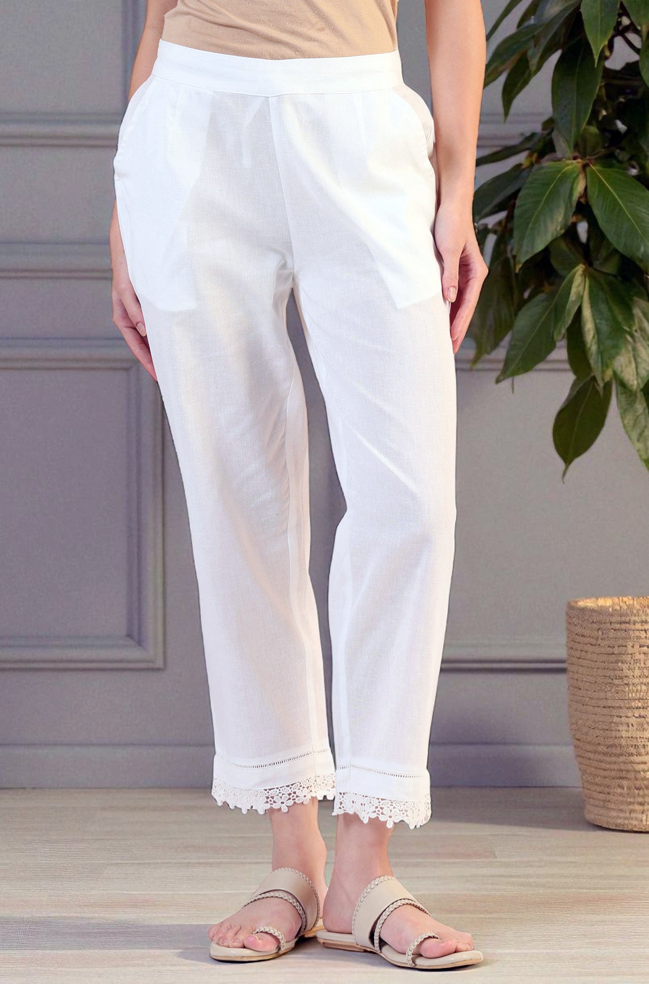 White Solid Cotton Flax Straight Pants with Lace Hemline