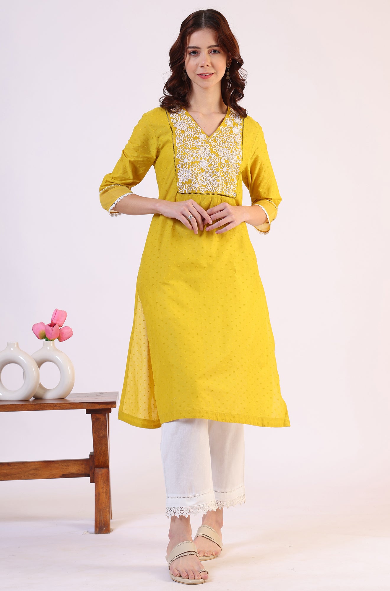 White Solid Cotton Flax Straight Pants with Lace Hemline