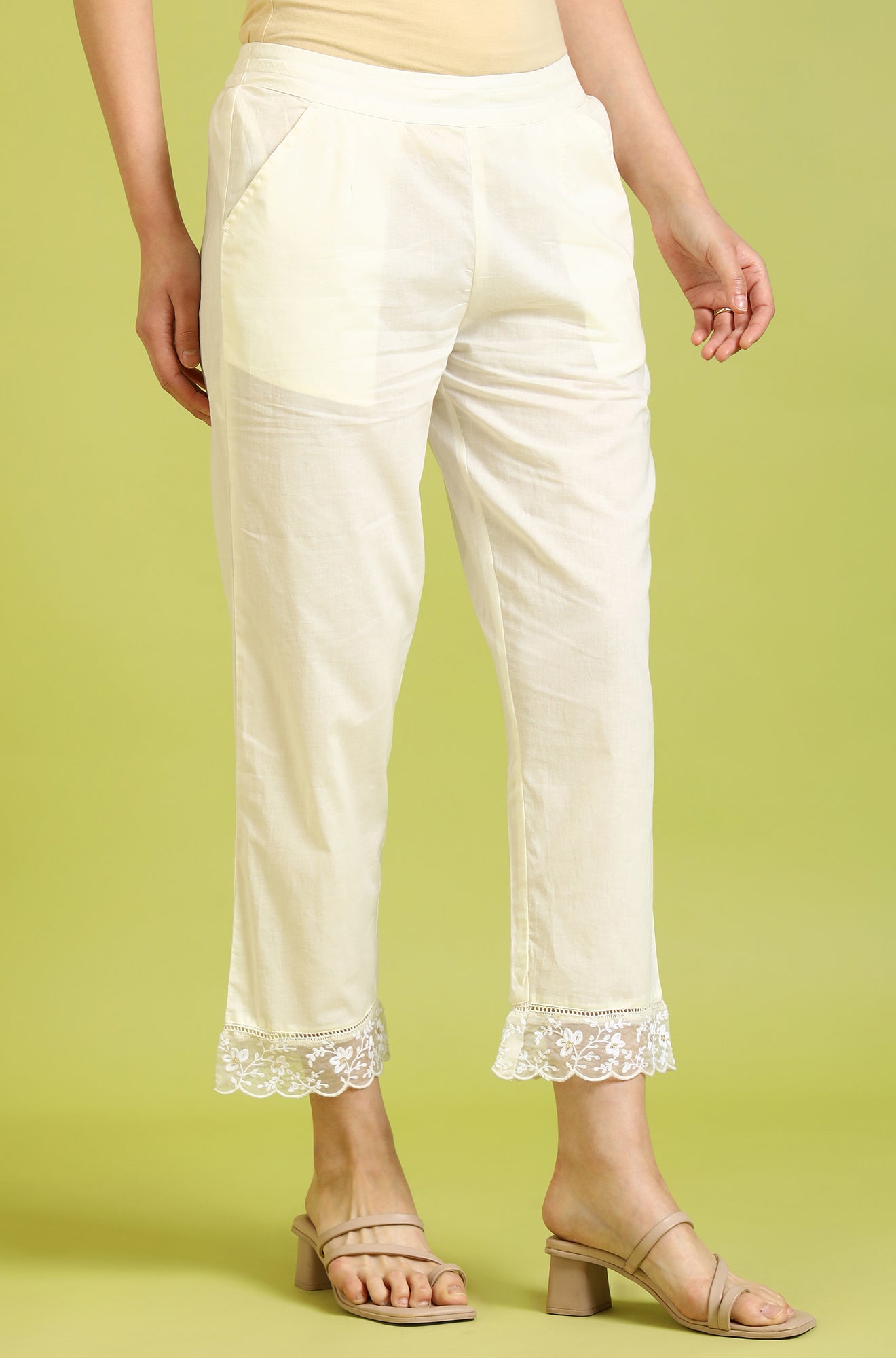 White Solid Pure Cotton Straight Pants