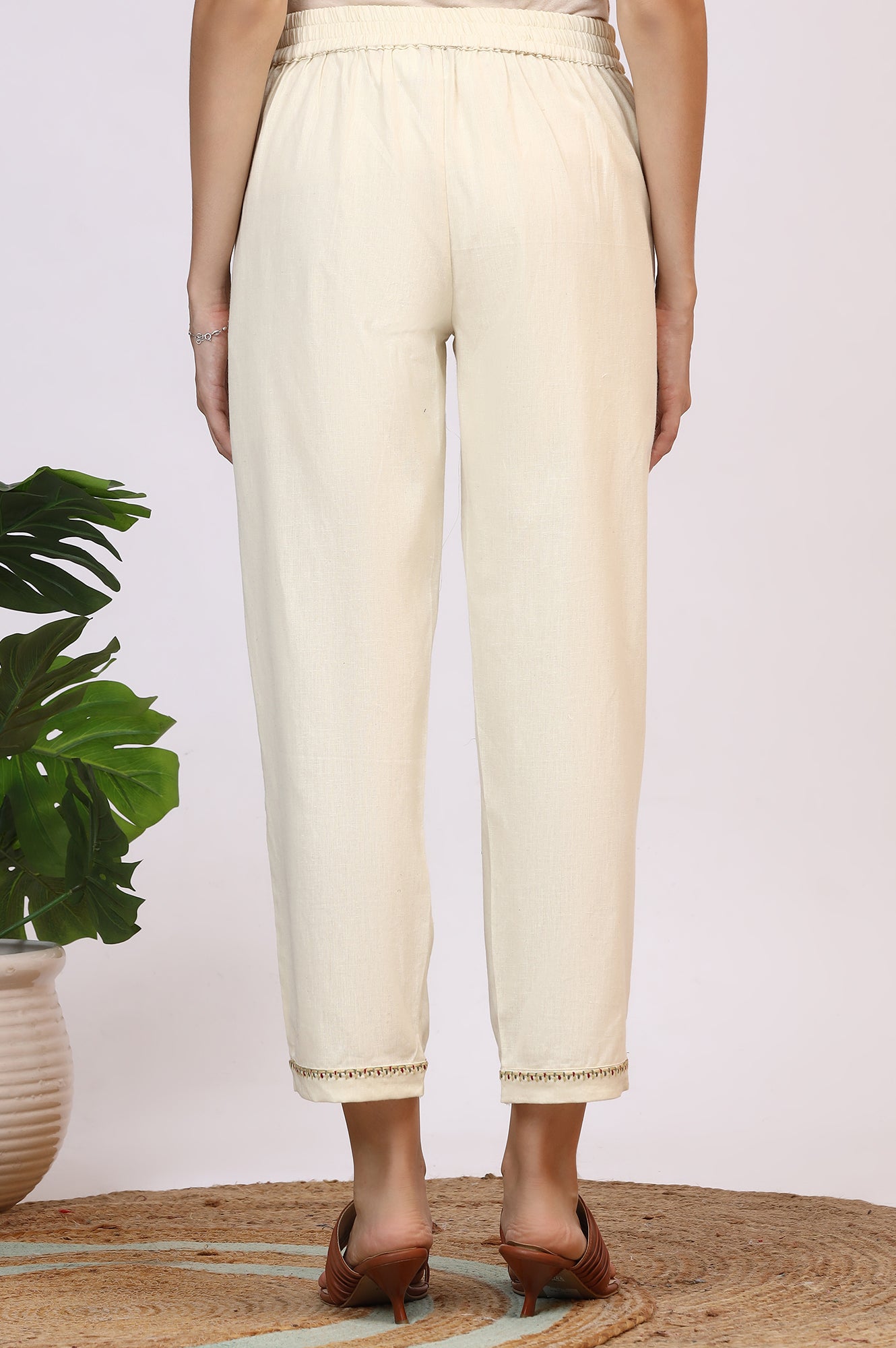 Off-White Solid Cotton Flax Straight Pants with Embroidered Hemline