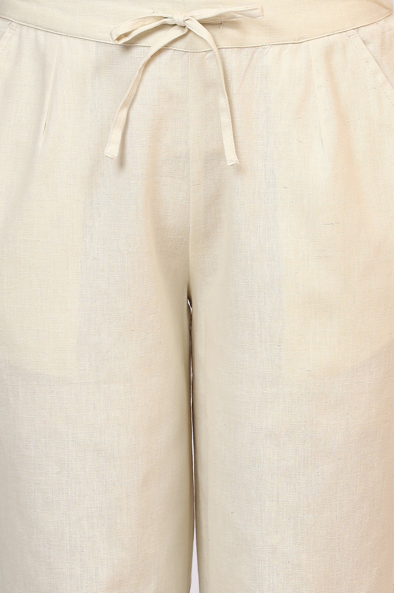 Off-White Solid Cotton Flax Straight Pants with Embroidered Hemline
