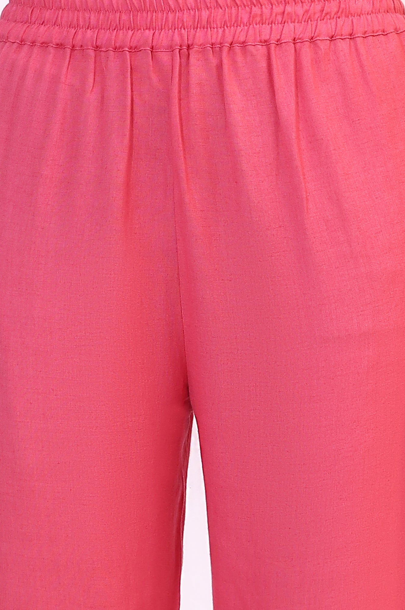 Pink Rayon Flax Staright Pants Schiffli Lace Detail