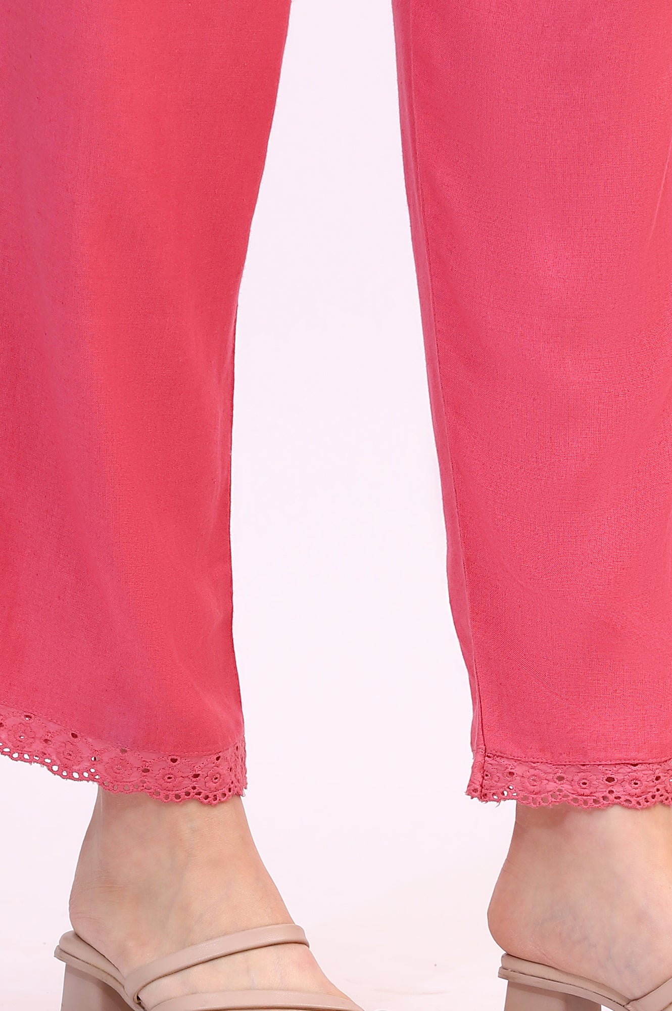 Pink Rayon Flax Staright Pants Schiffli Lace Detail