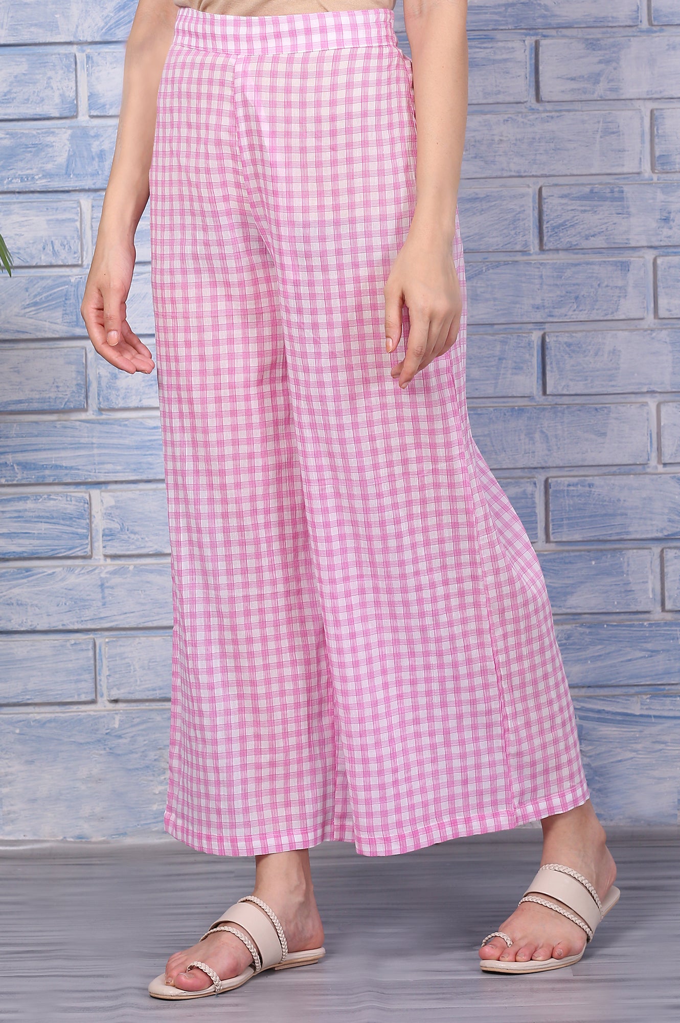 Pink Checkered Ankle Length Pure Cotton Pants