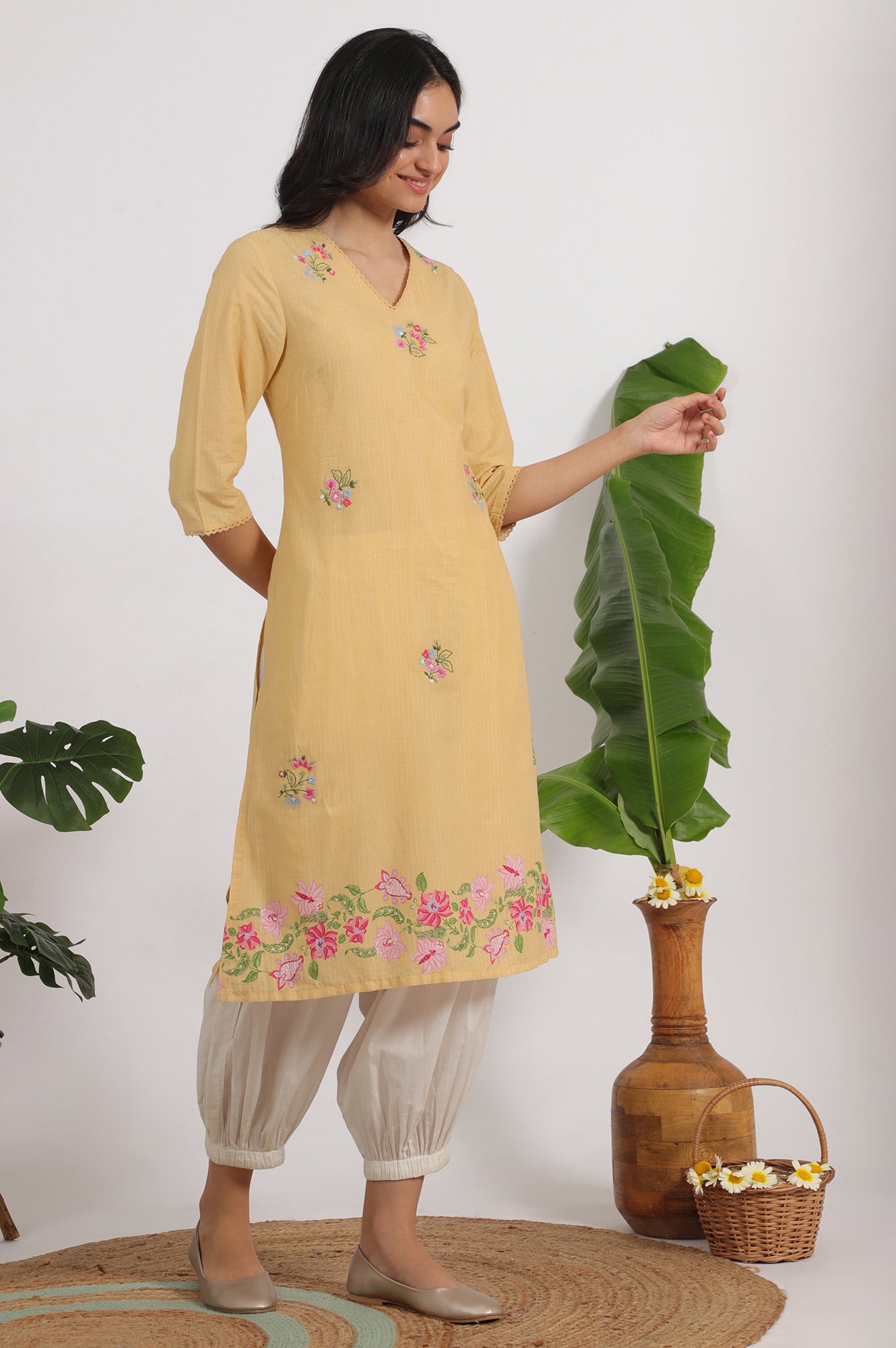 White Ankle Length Pure Cotton Gathered Pants