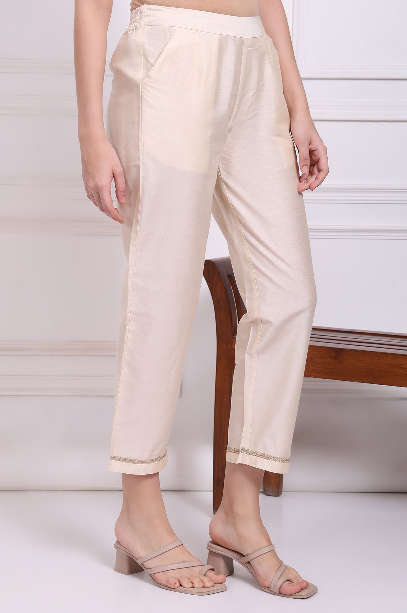 Ecru Solid Embroidered Hem Straight Pants