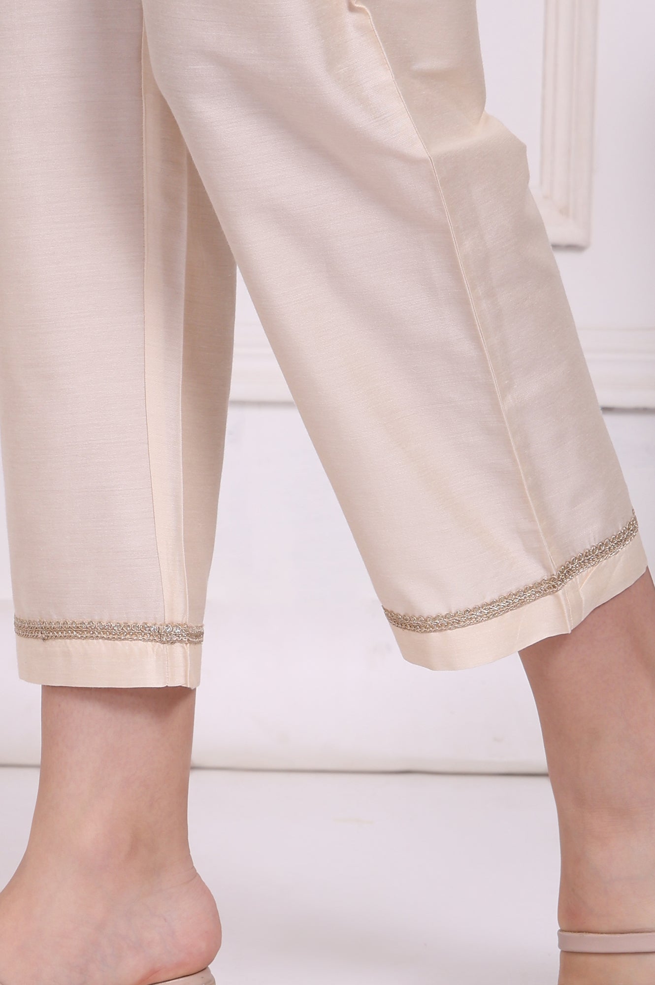 Ecru Solid Embroidered Hem Straight Pants