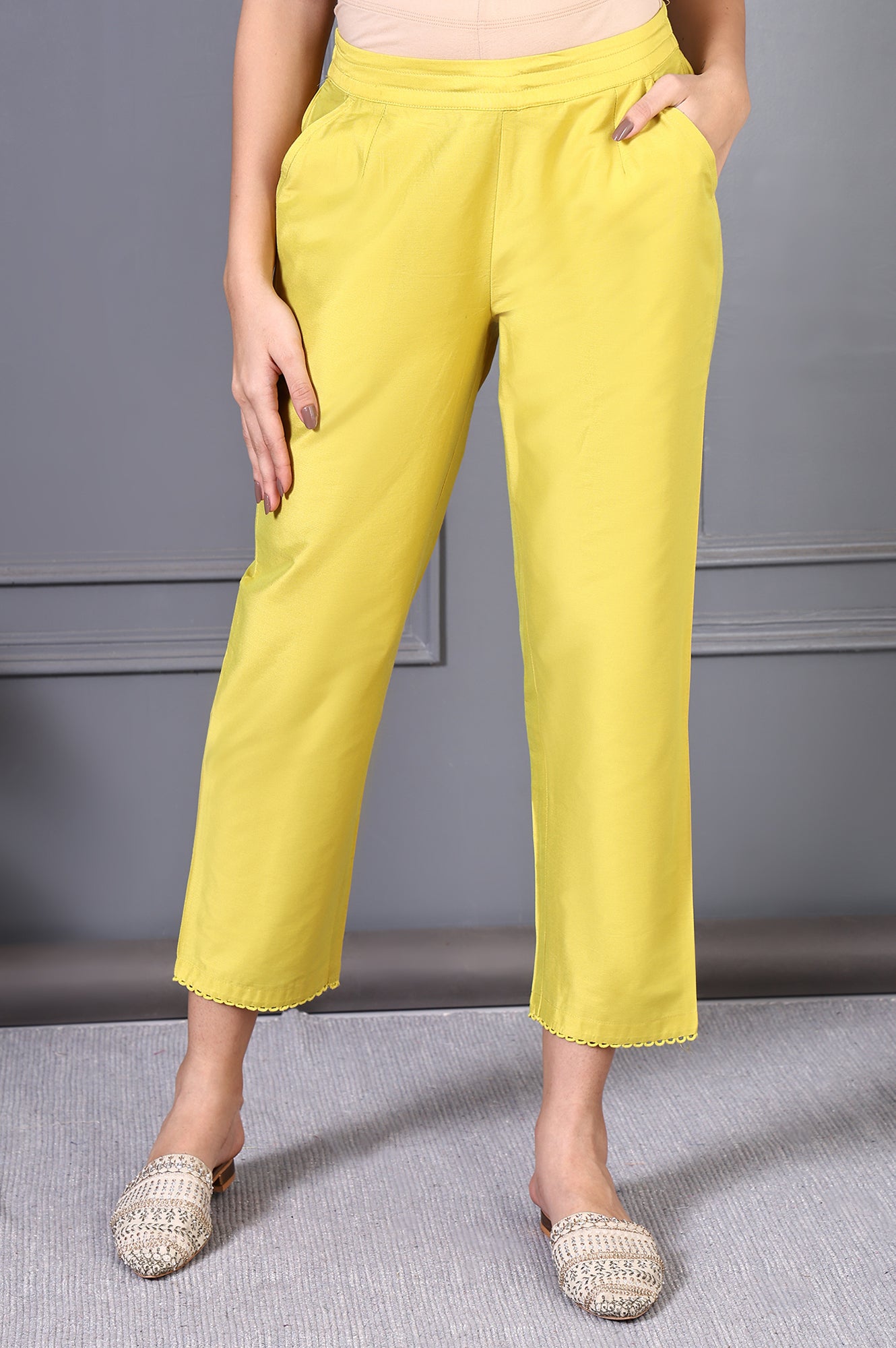 Yellow Solid Lace Mid-Rise Straight Pant