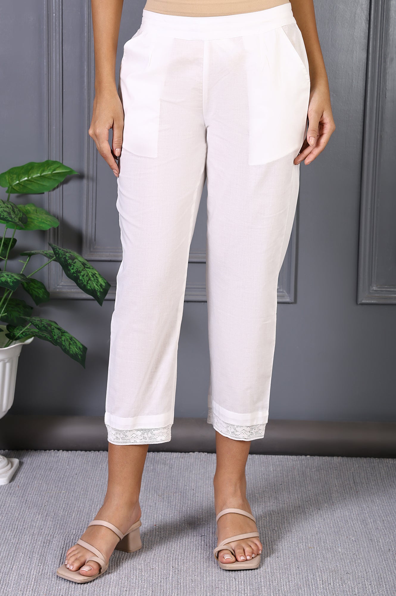 White Solid Pure Cotton Slim Pants with Lace
