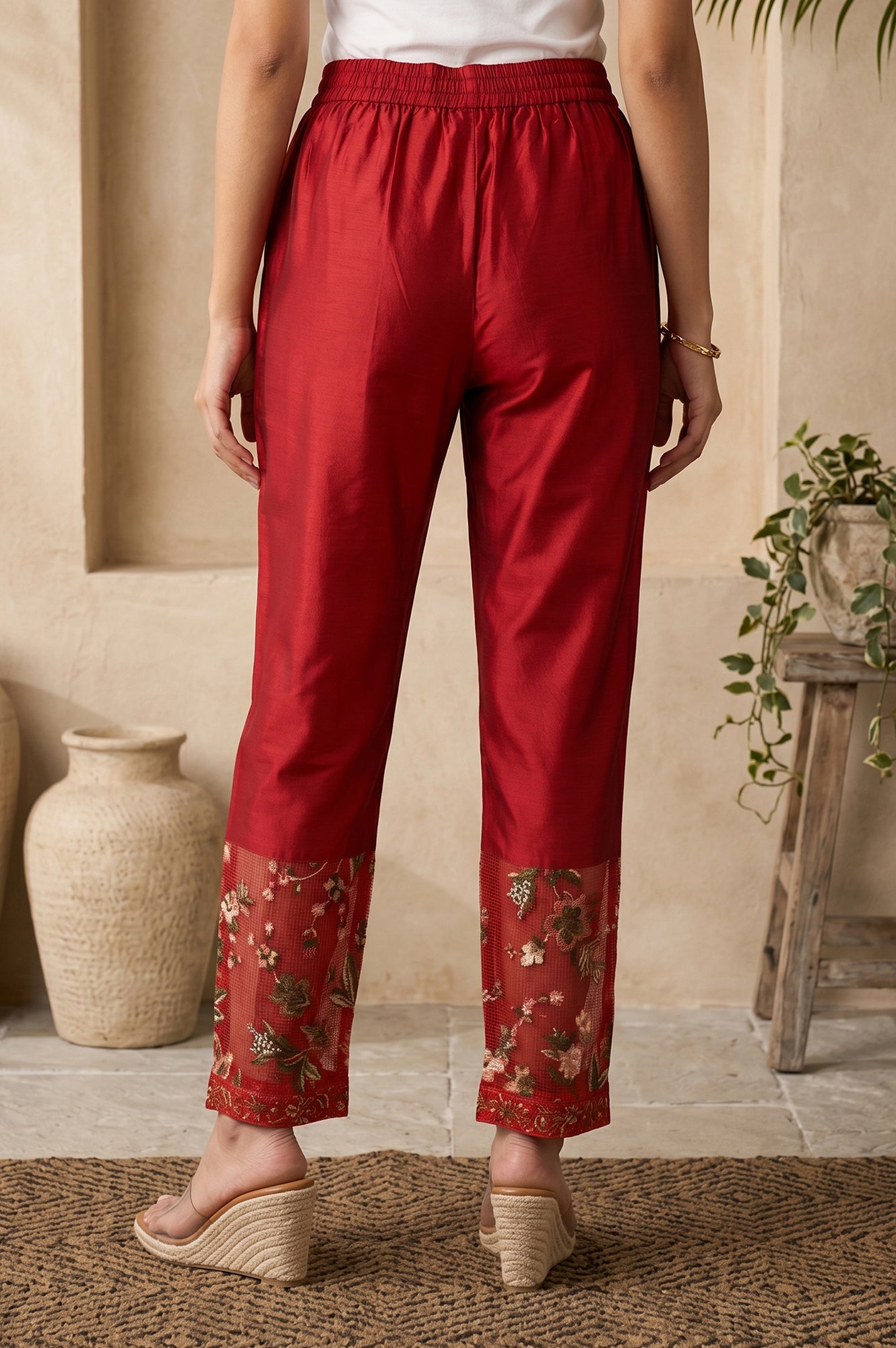 Red Ankle Length Straight Pants With Embroidered Hemline