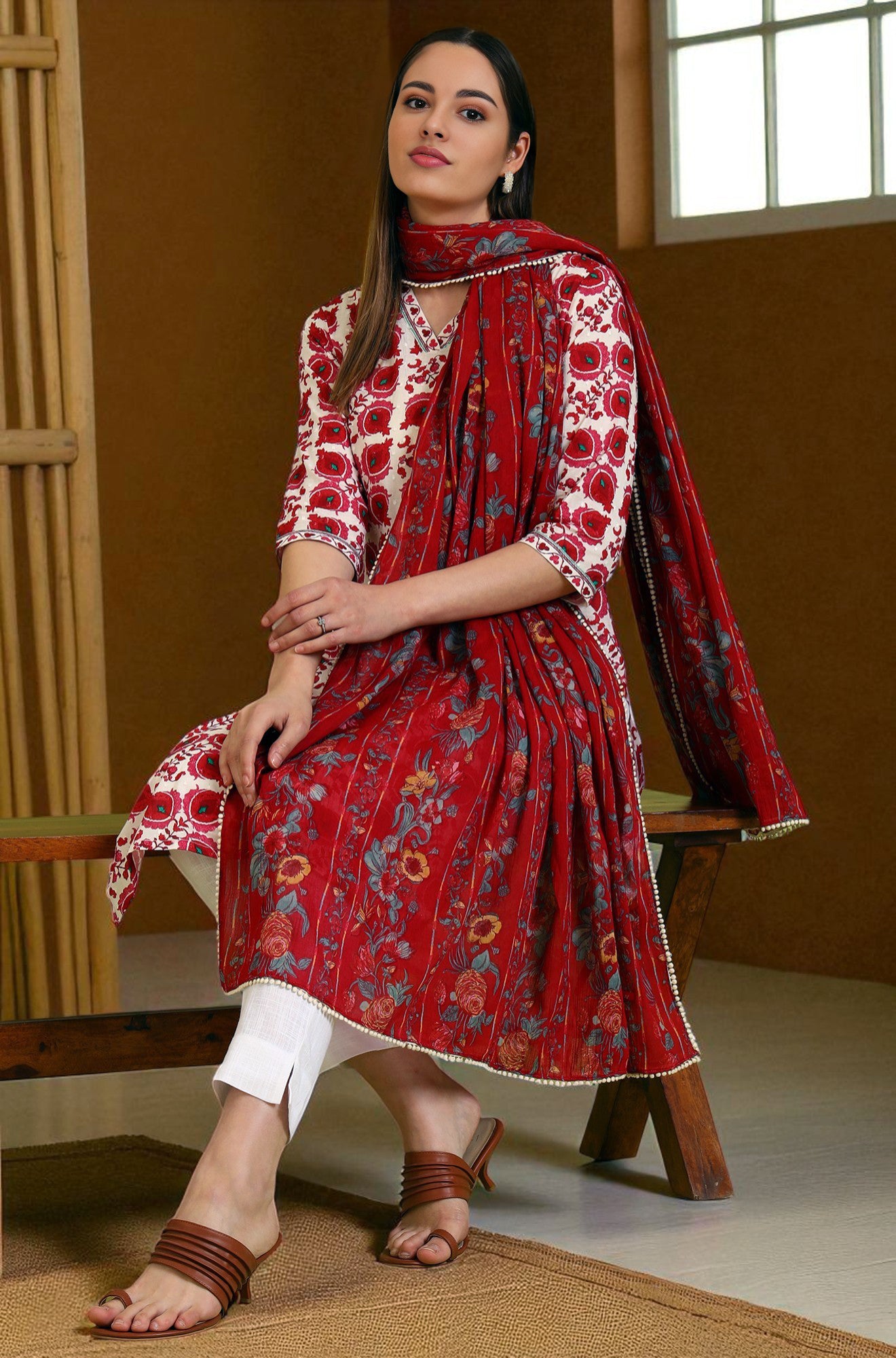 Red Floral Printed Pure Cotton Dupatta