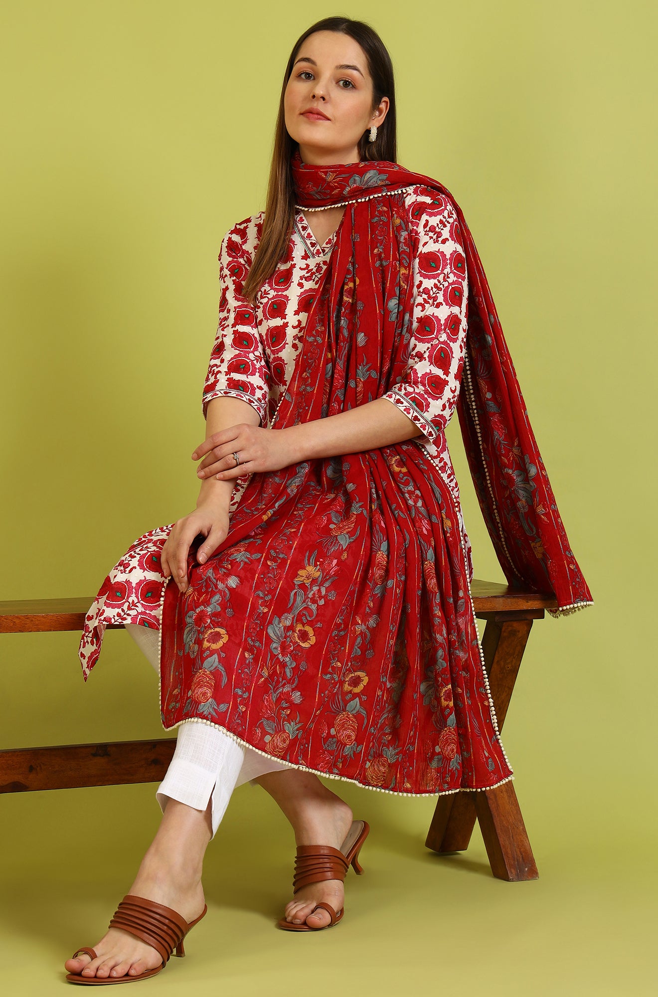 Red Floral Printed Pure Cotton Dupatta