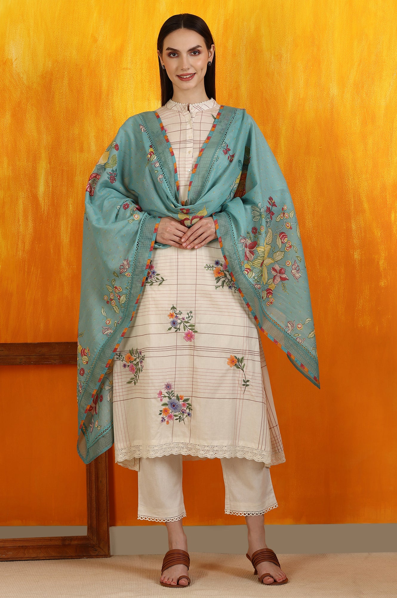 Reef Blue Floral Printed Pure Cotton Dupatta