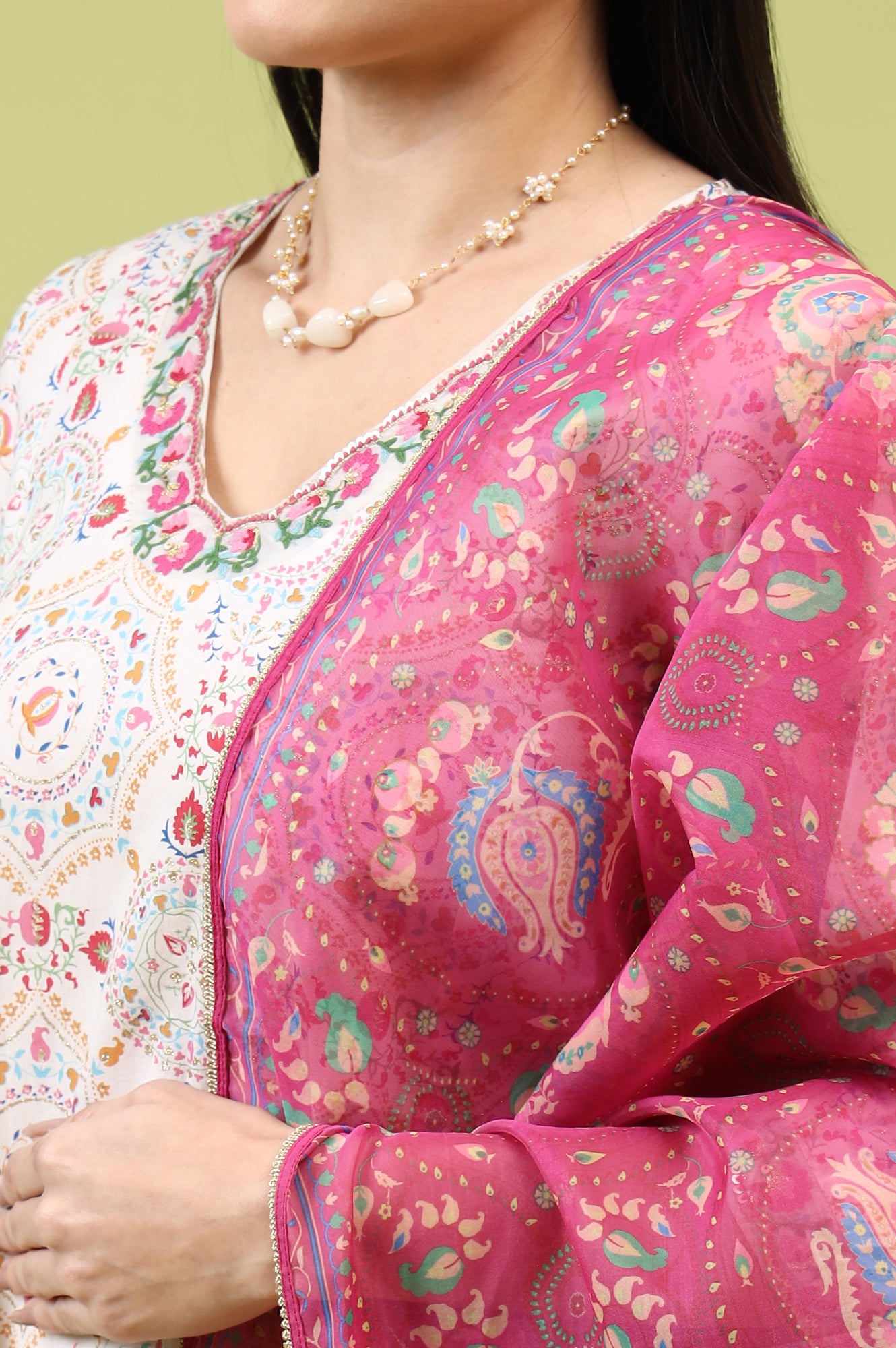 Fuchsia Pink Chintz Floral Printed Organza Dupatta