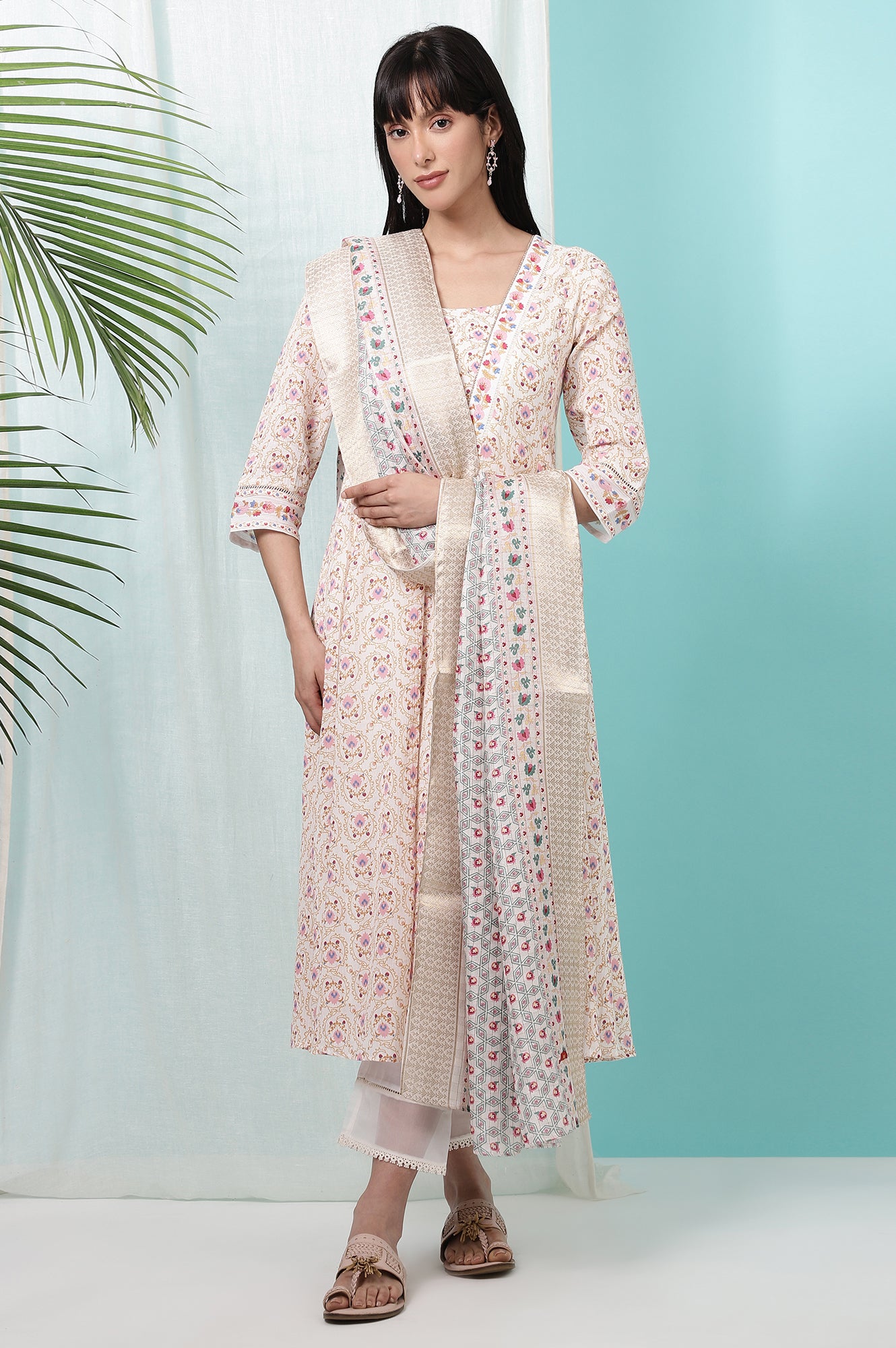 Ivory Printed Jacquard Silk Dobby Dupatta