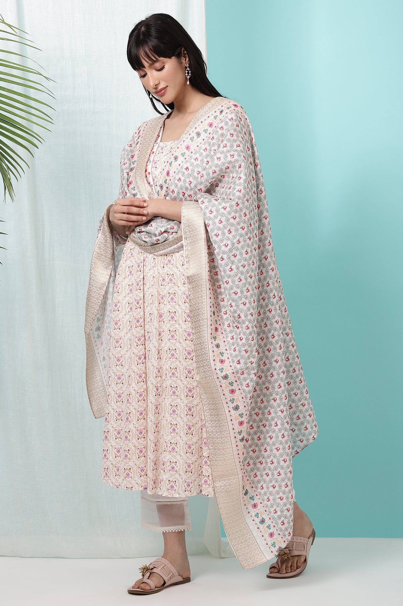 Ivory Printed Jacquard Silk Dobby Dupatta