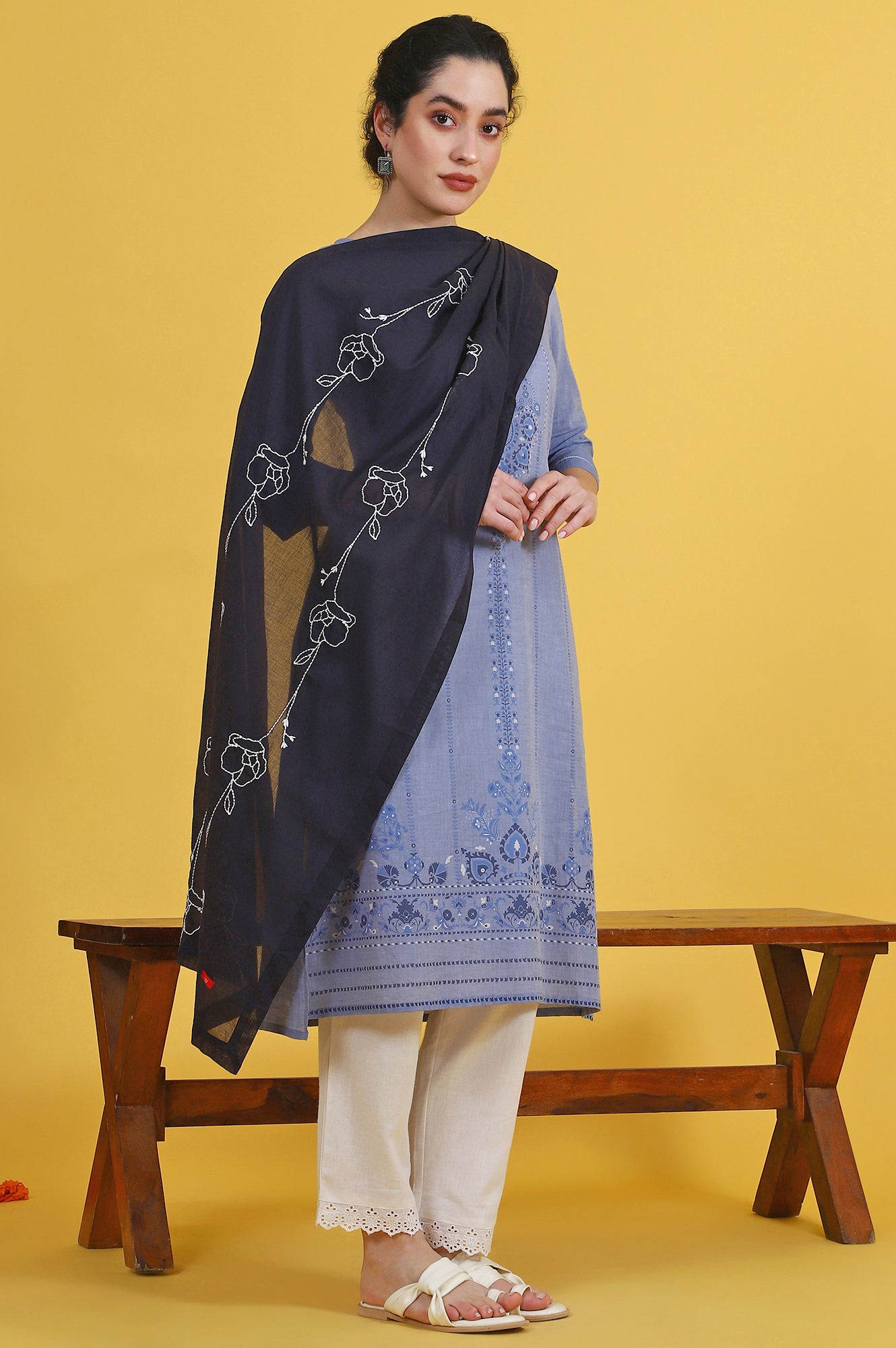 Black Thread Embroidered Cotton Voile Dupatta