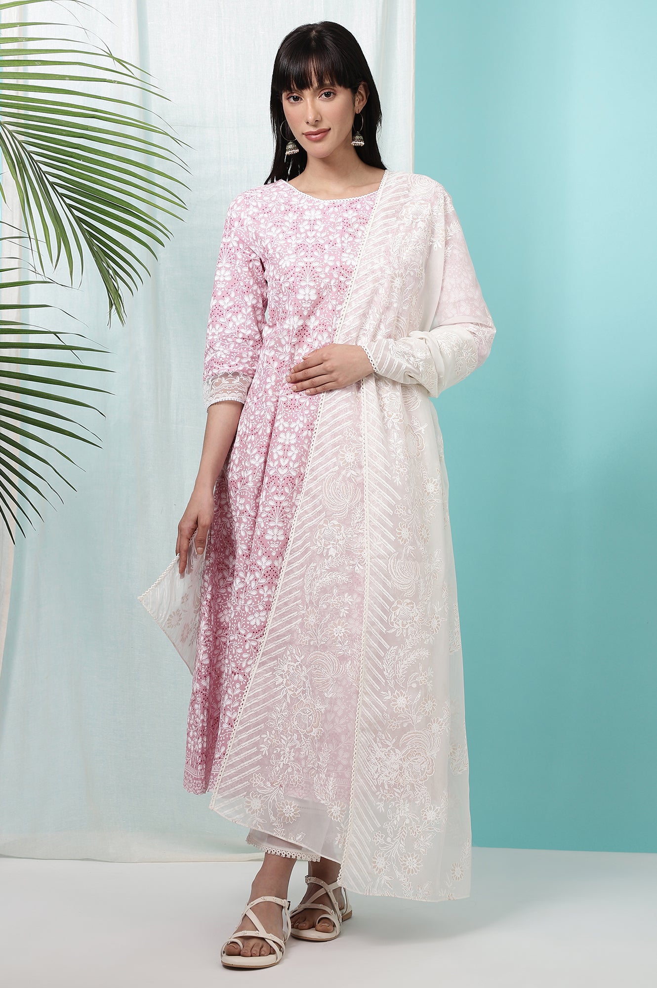 White Floral Printed Organza Dupatta