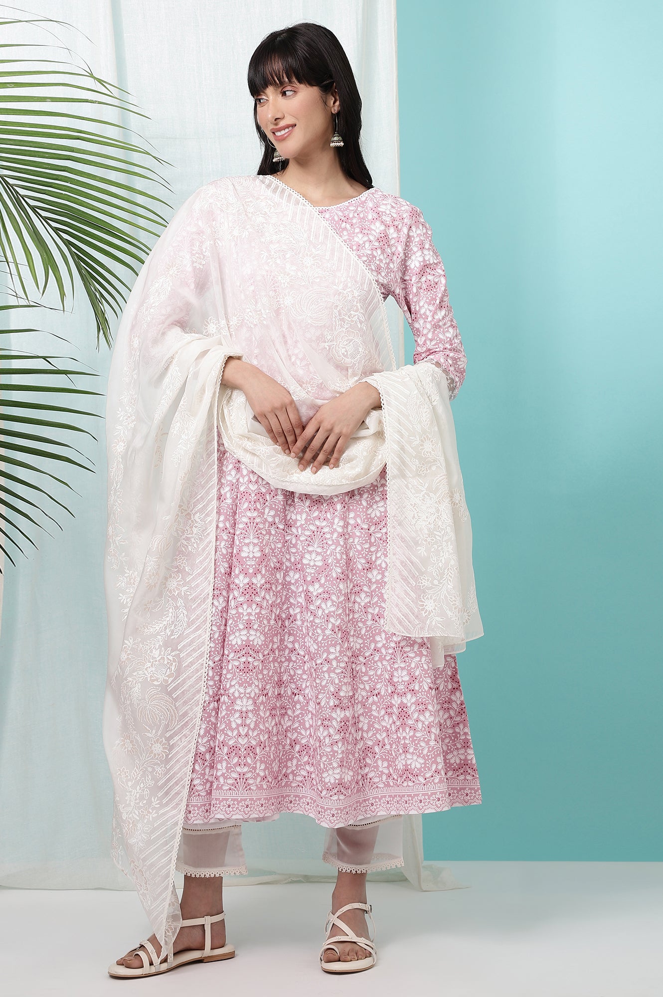 White Floral Printed Organza Dupatta