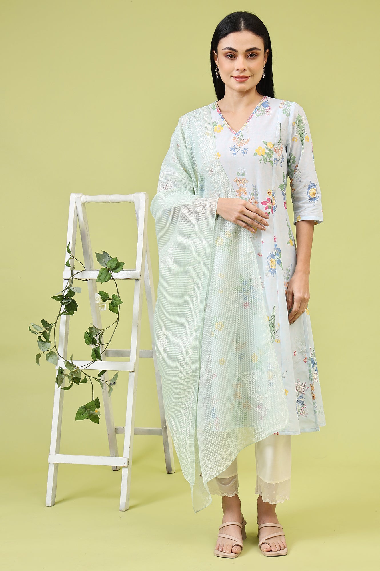 Mint Blue Floral Printed Kota Dupatta