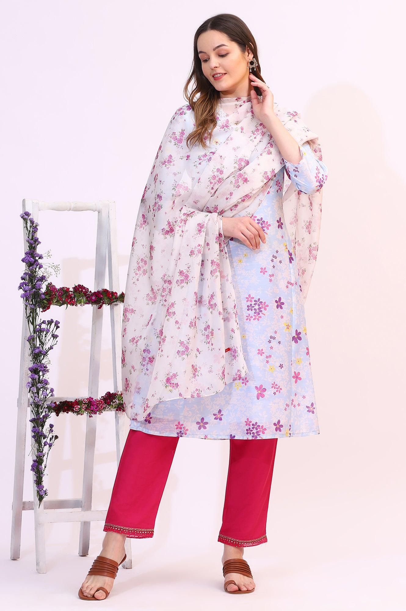 White Floral Printed Organza Dupatta