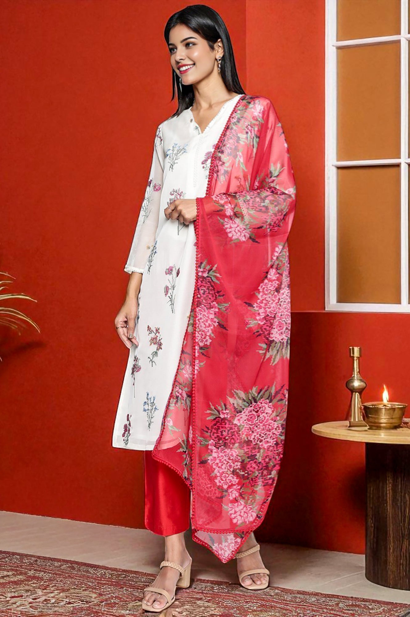 Crimson Red Printed Chiffon Dupatta