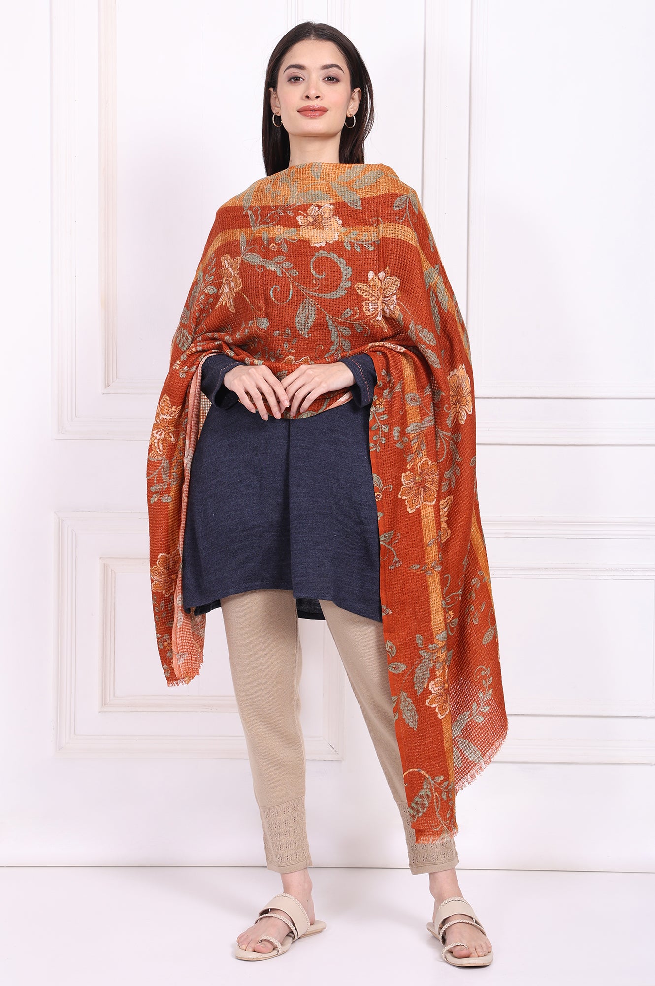 Rust Floral Printed Wool Shawl