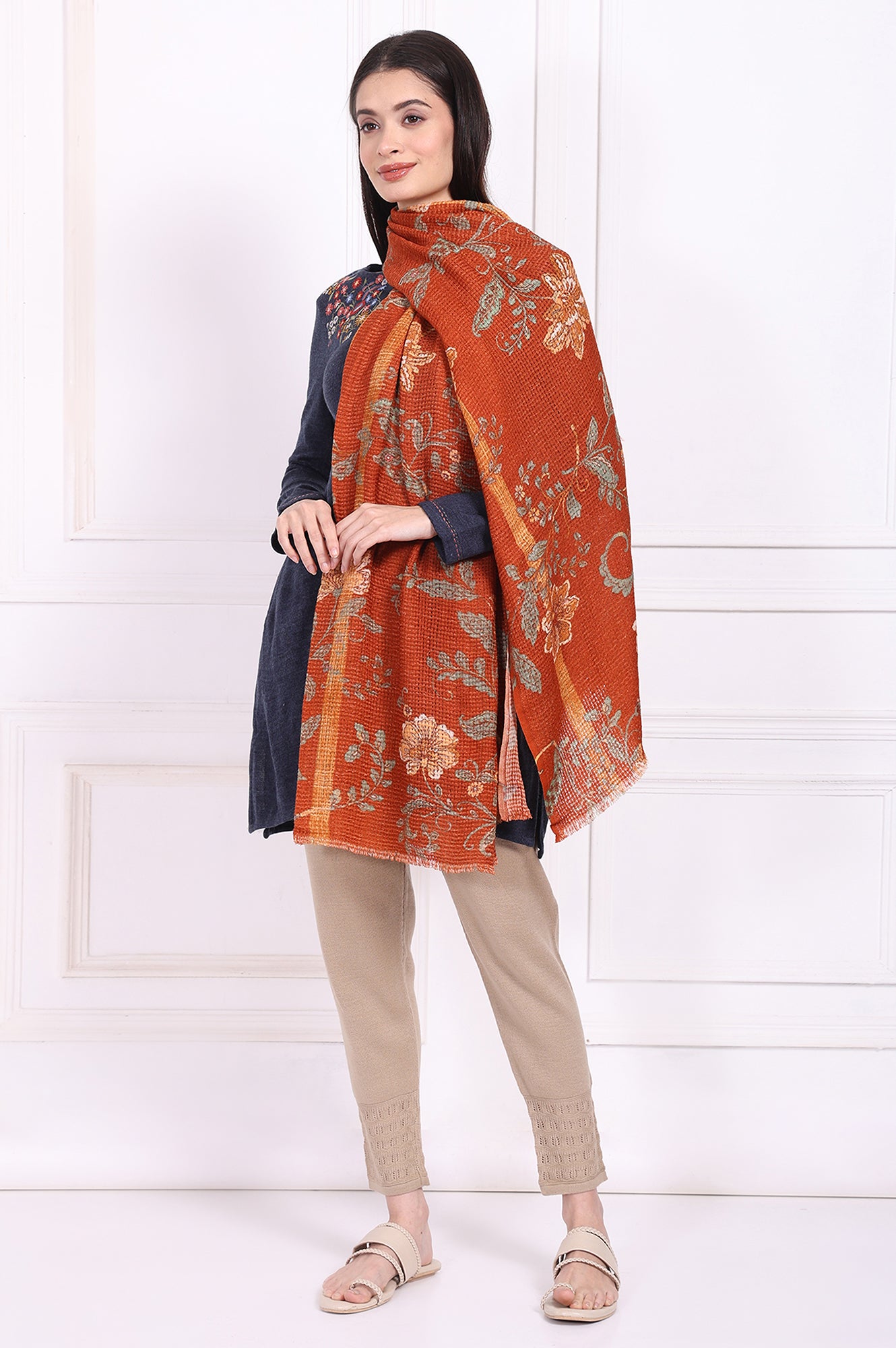 Rust Floral Printed Wool Shawl