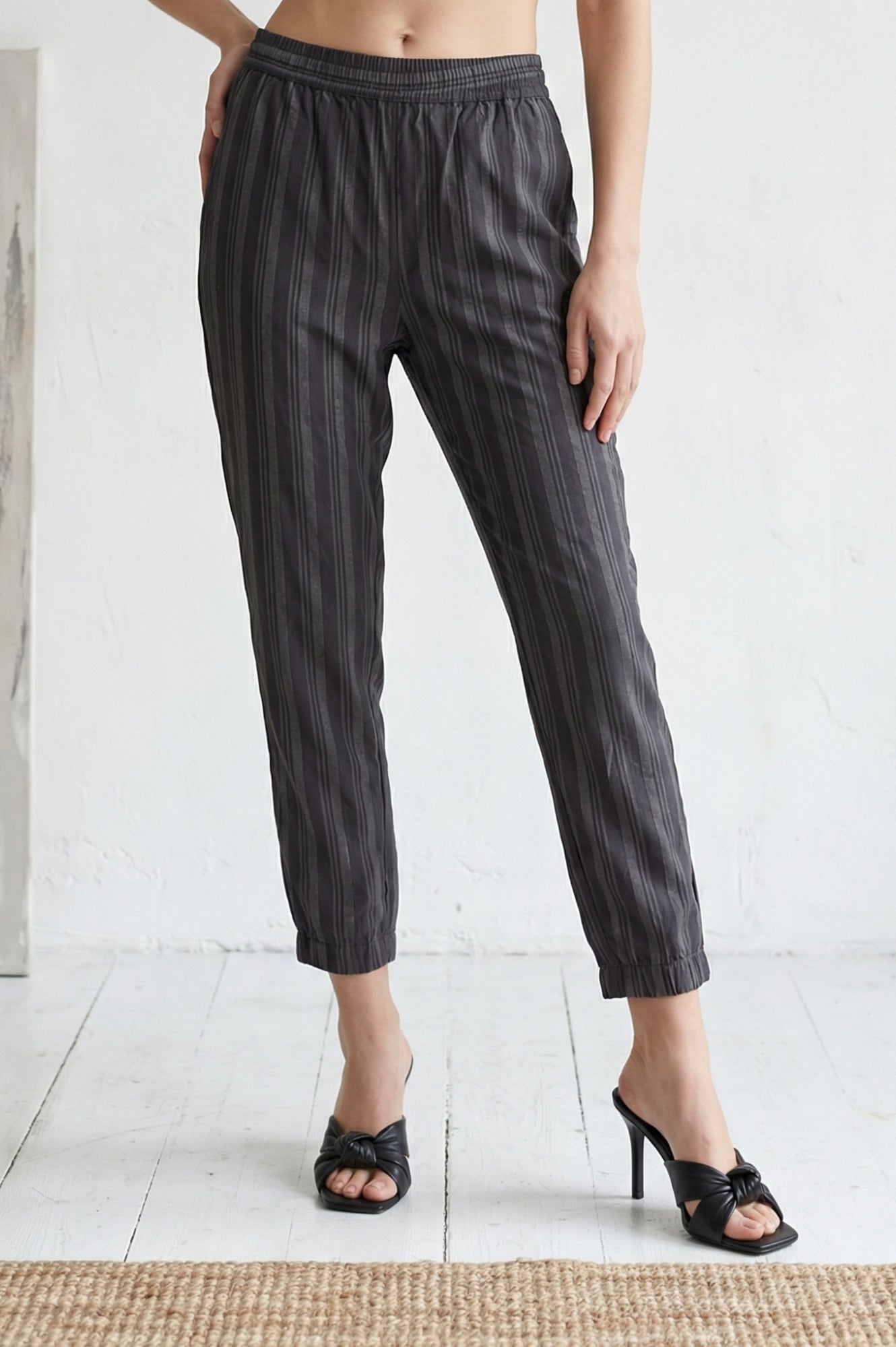 Black Striped Ankle Length Straight Pants