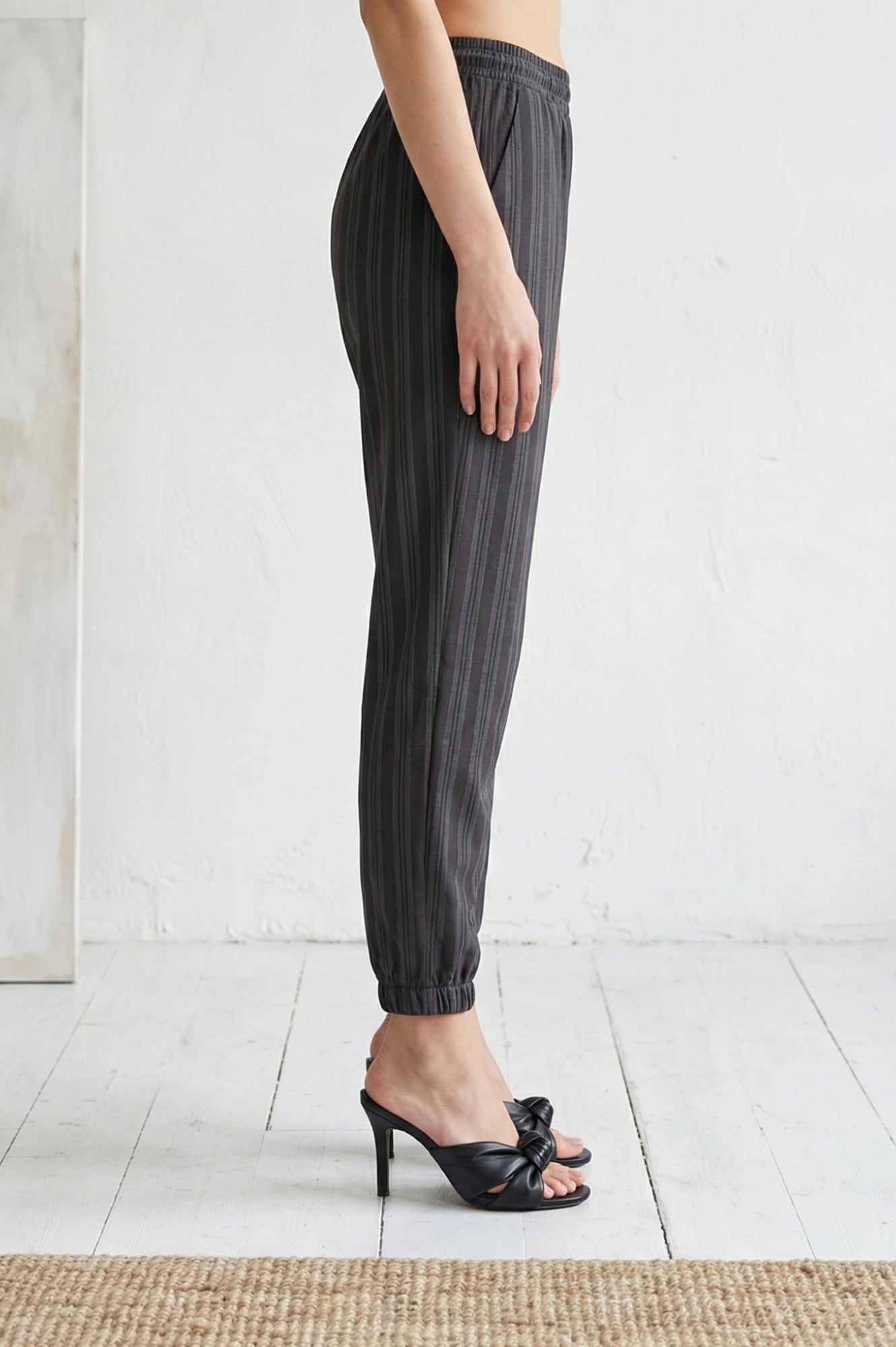 Black Striped Ankle Length Straight Pants
