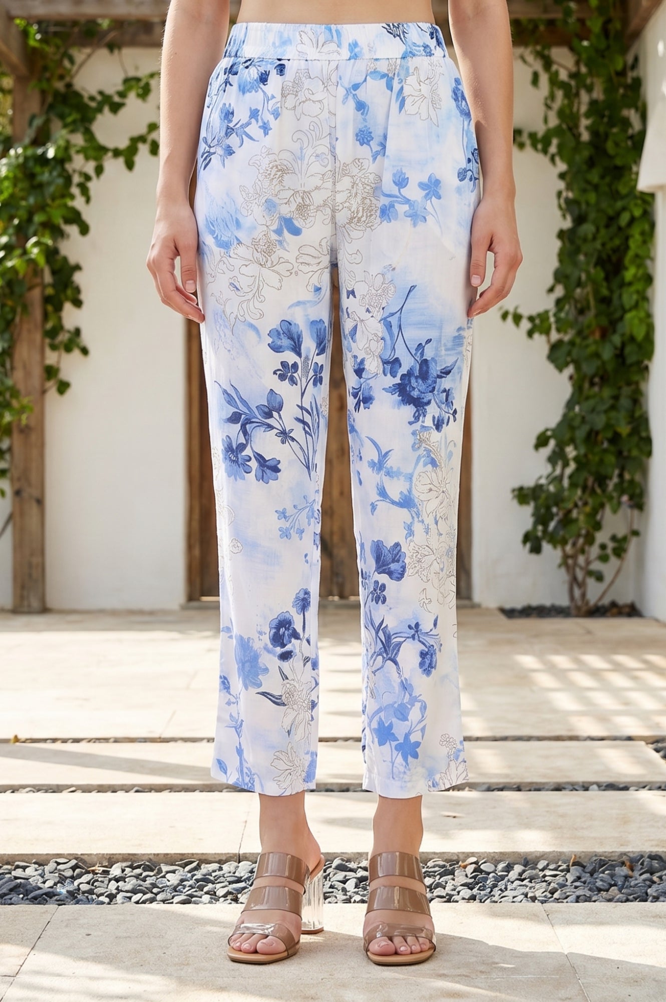 White Floral Printed Modal Straight Fit Ankle Length Pants