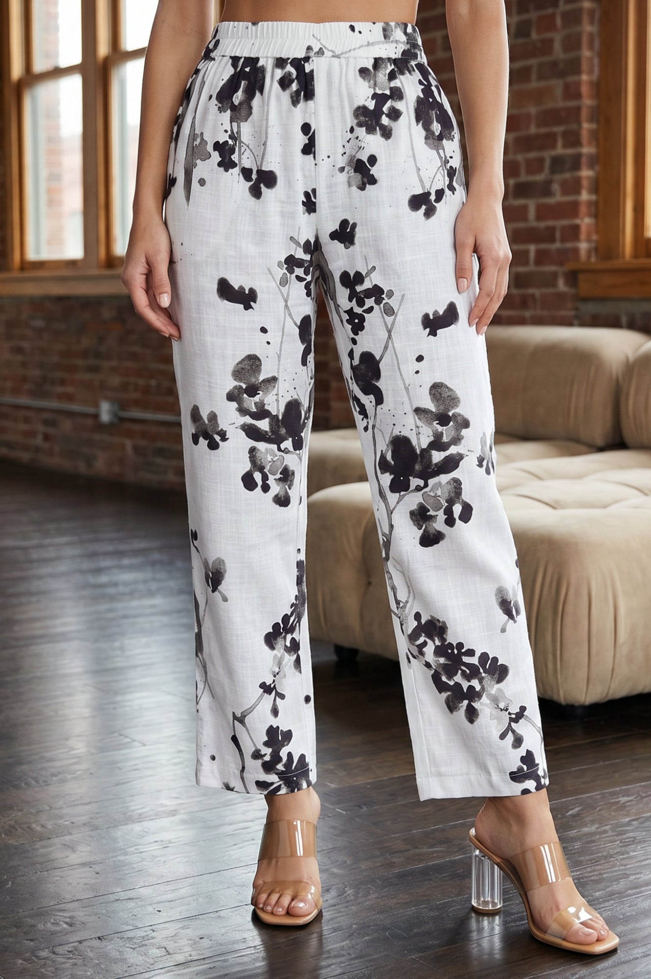 White Floral Printed Pure Cotton Ankle Length Pants