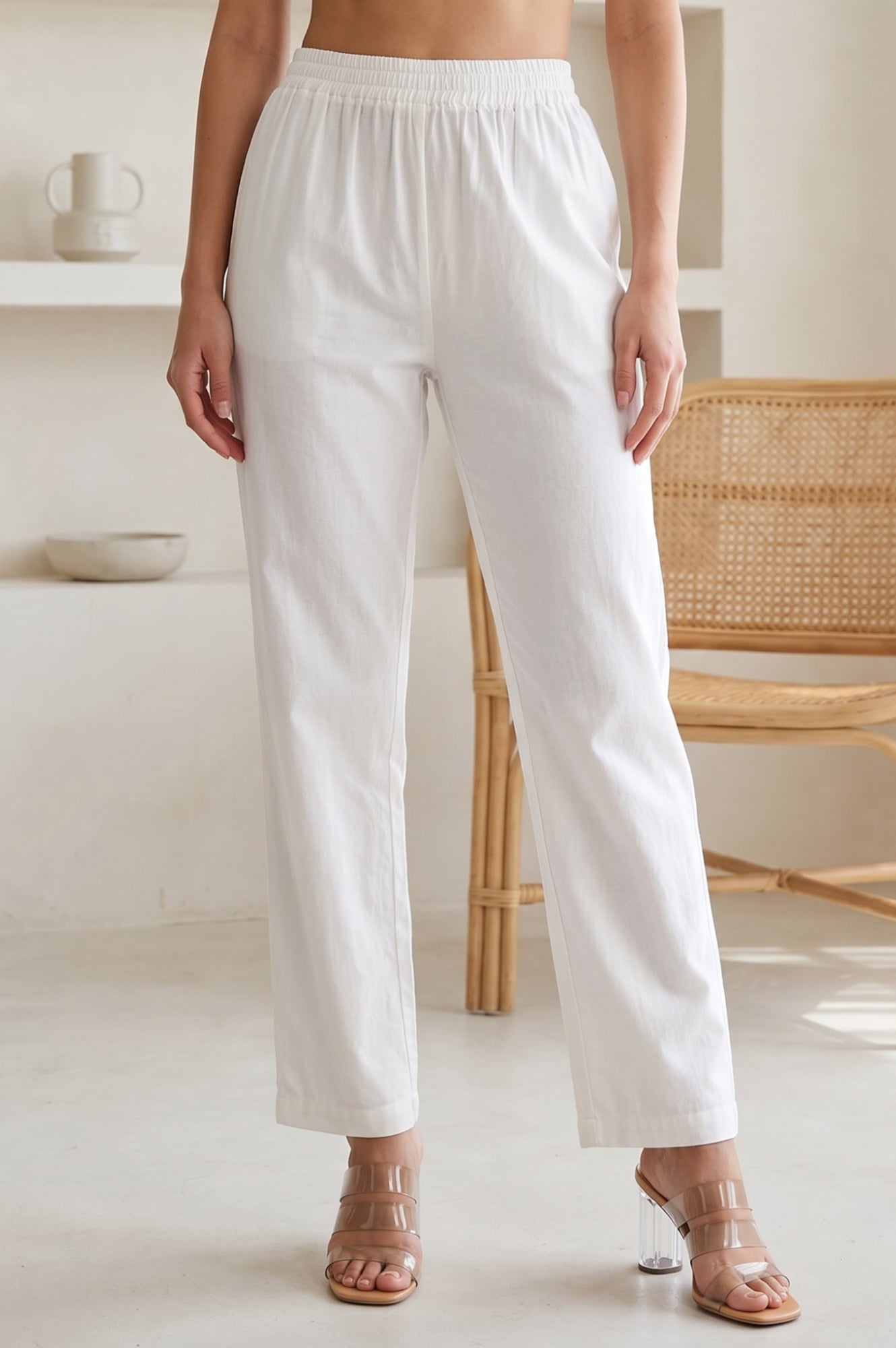 White Pure Cotton Straight Fit Ankle Length Pants