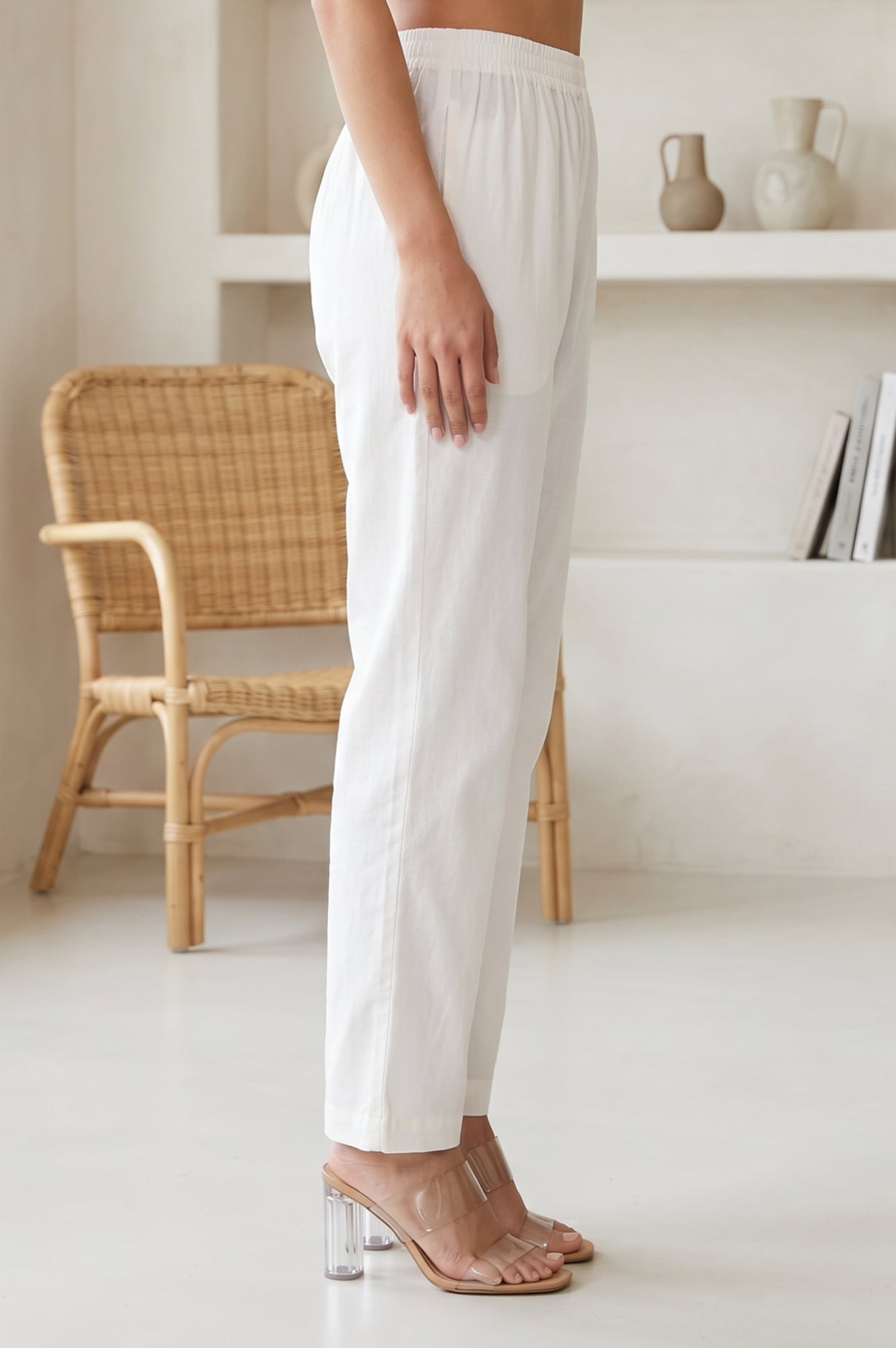 White Pure Cotton Straight Fit Ankle Length Pants