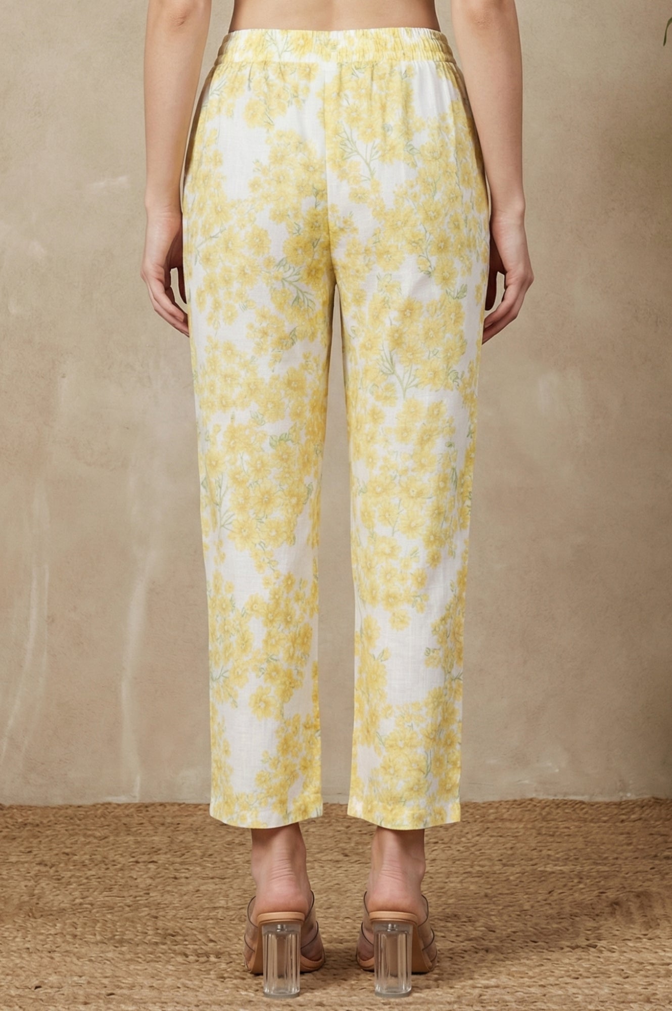 Yellow Floral Printed Pure Cotton Ankle Length Straight Pants