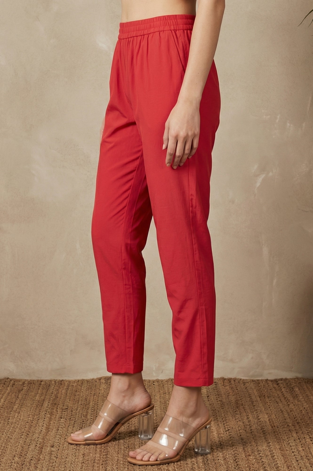 Red Solid Rayon Straight Fit Ankle Length Mid Rise Pants