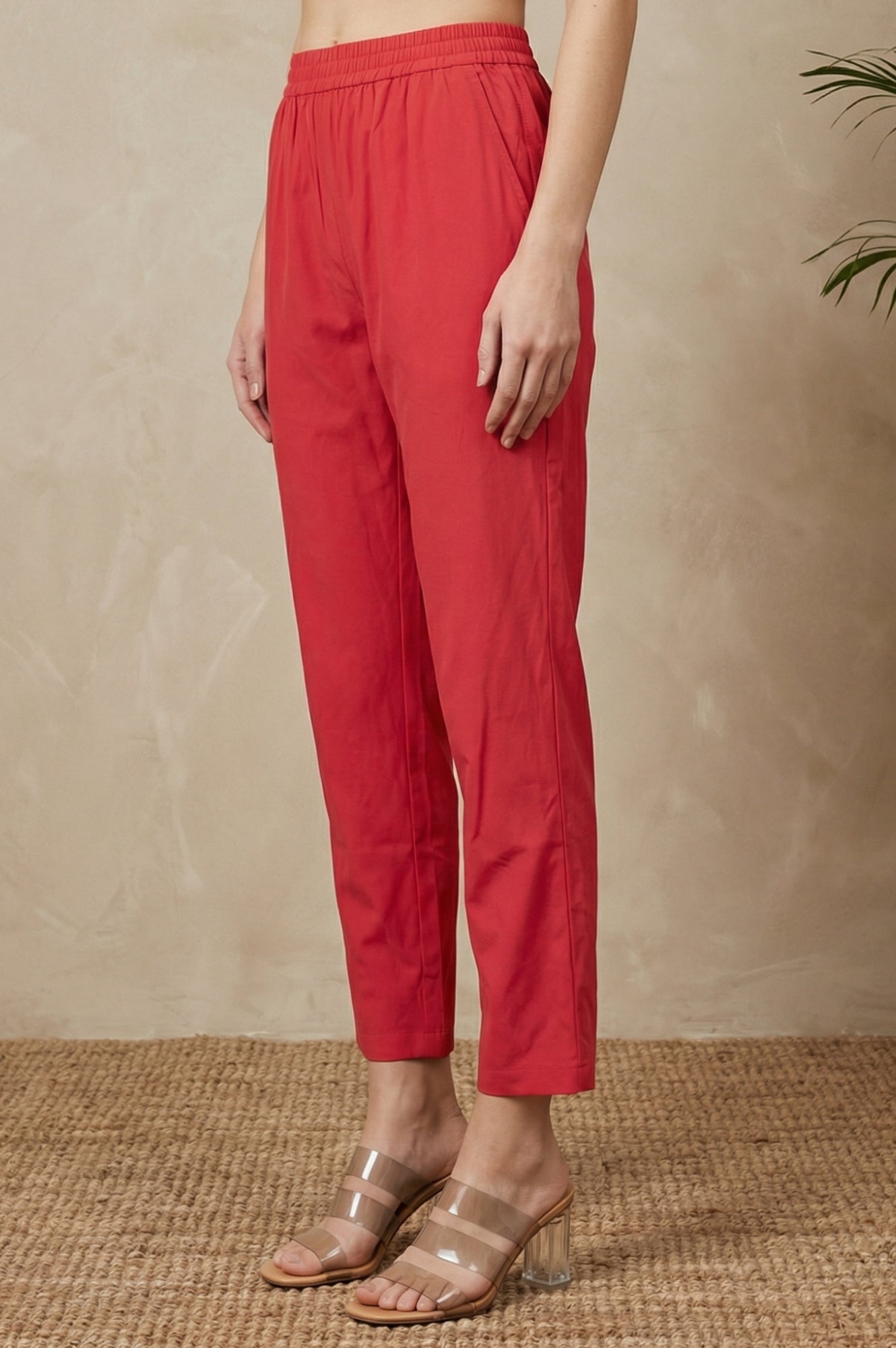 Red Solid Rayon Straight Fit Ankle Length Mid Rise Pants