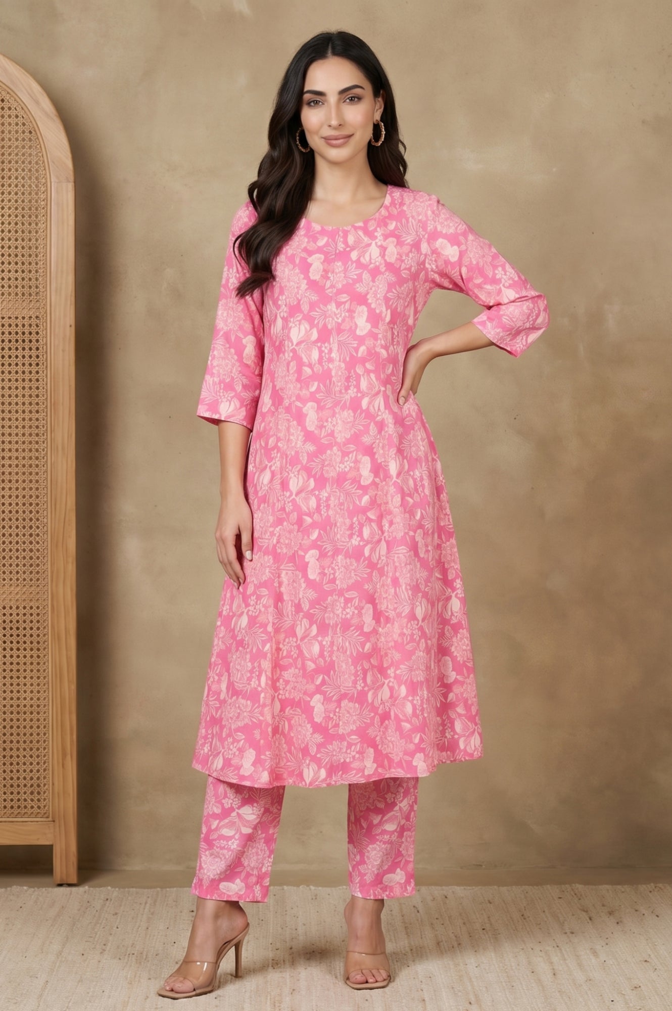 Pink Floral Printed Straight Fit Pants