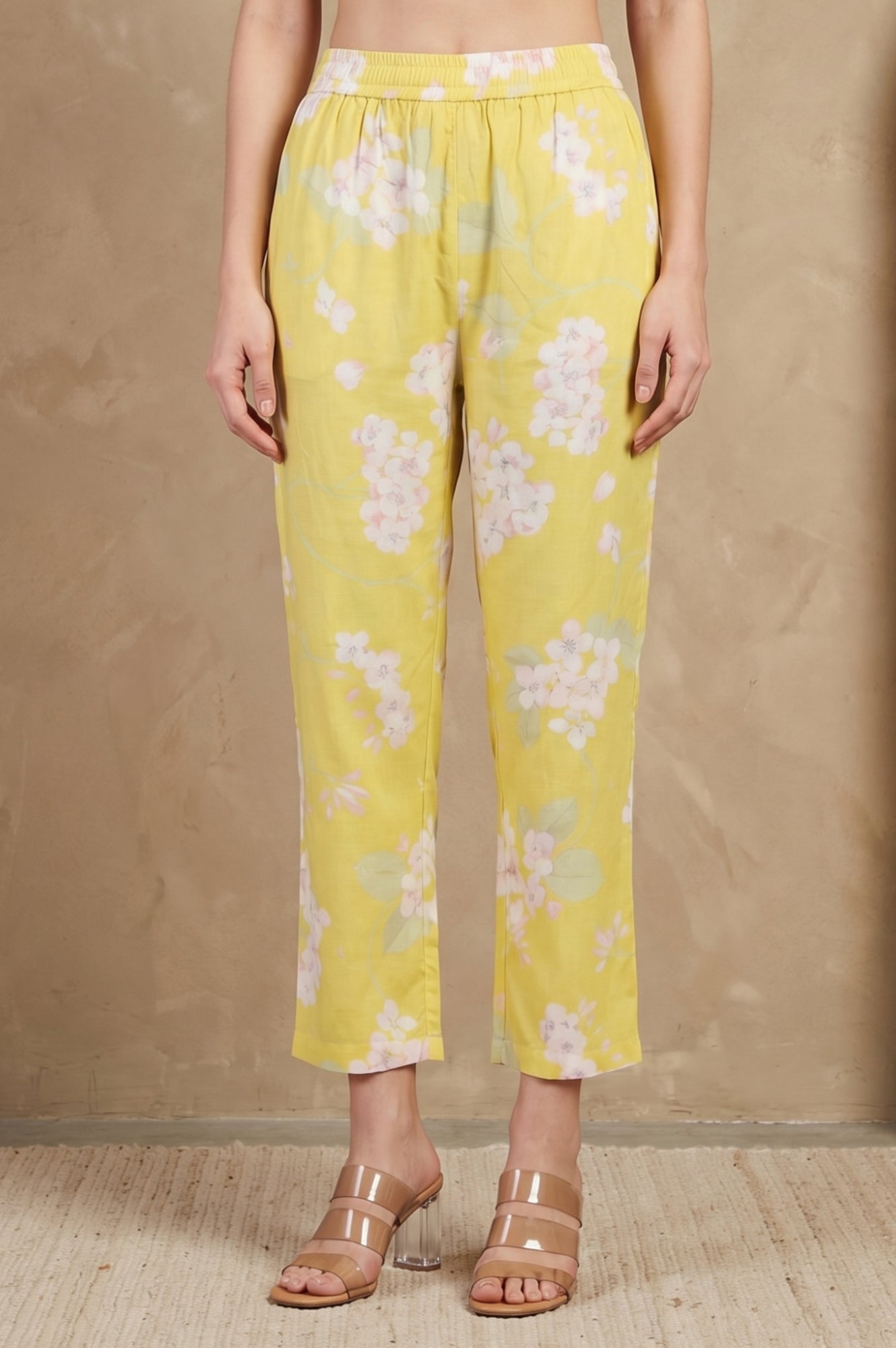 Yellow Floral Printed Straight Fit Pants