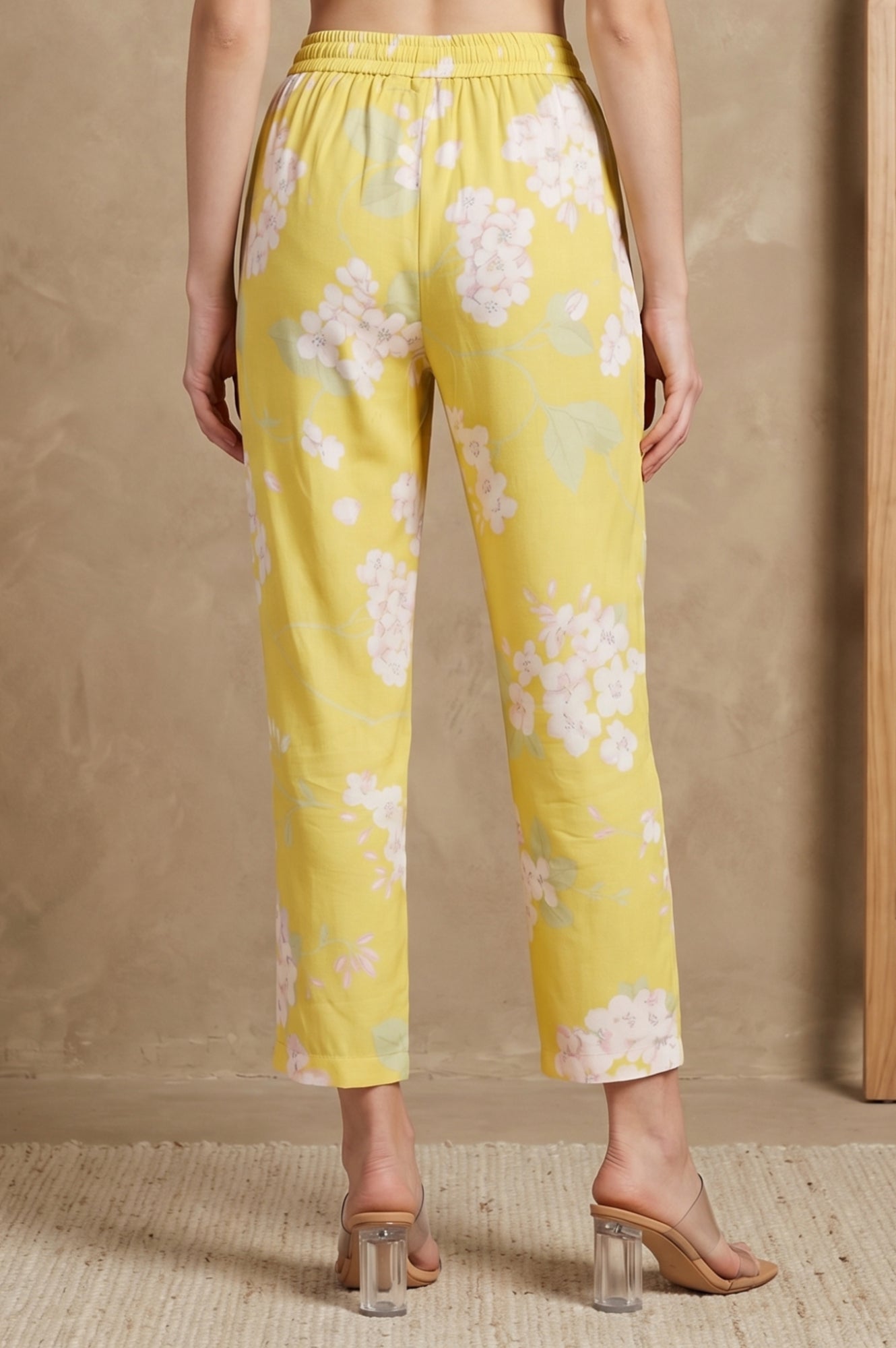 Yellow Floral Printed Straight Fit Pants
